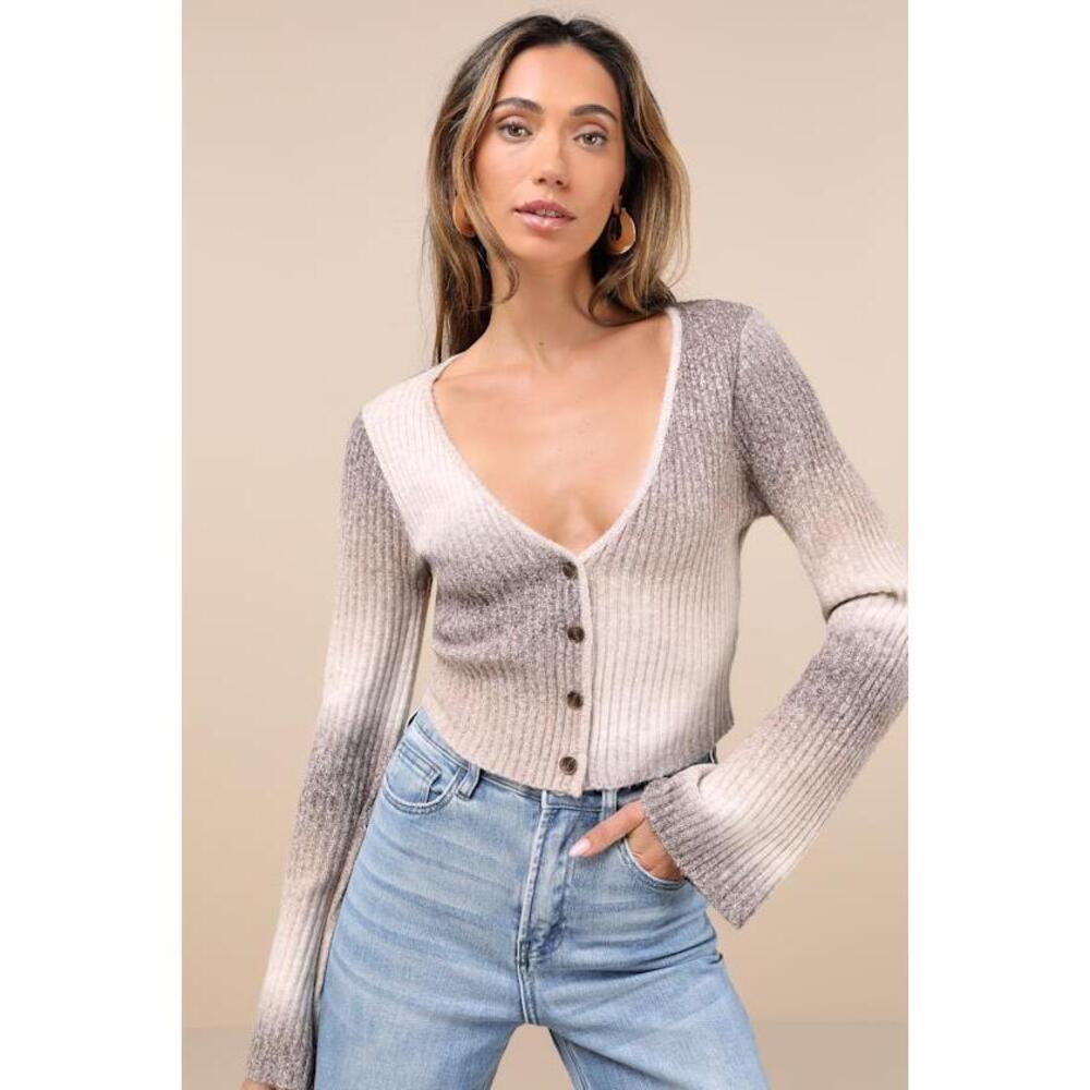 Lulus Elevated Forecast Taupe Ombre Cropped Flare Sleeve Cardigan - Size L